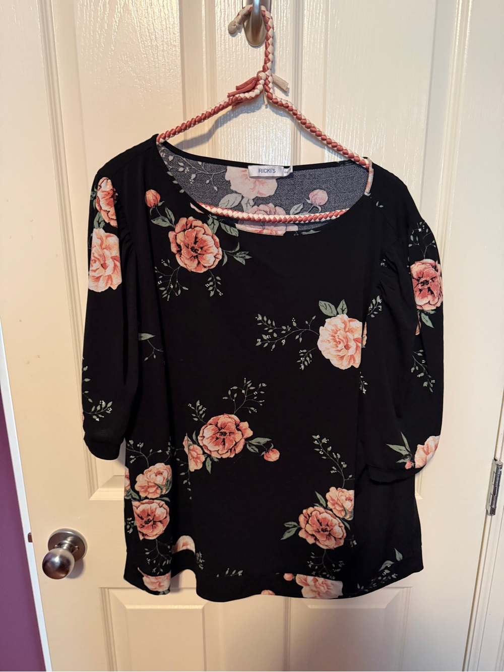 Ricki's Black Floral Puff-Sleeve Tunic with Pink Roses
